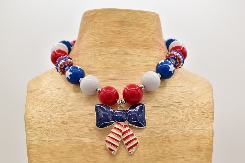 Statement Necklace American Flag Star Red White Blue Beaded 4th July USA BinA17